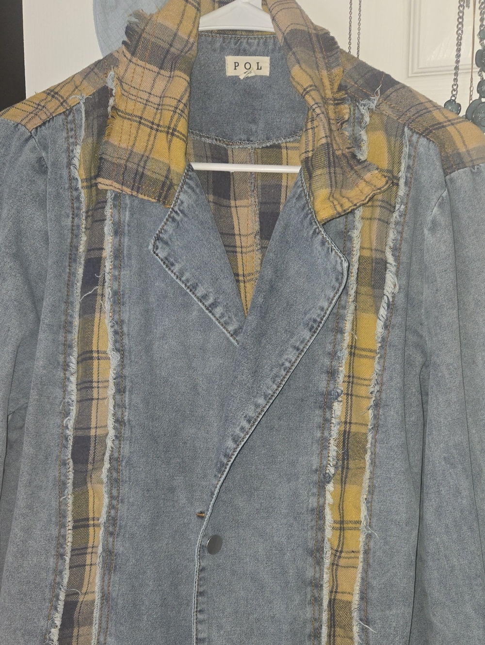 POL Washed Blue Denim Jacket with Yellow Plaid Trim